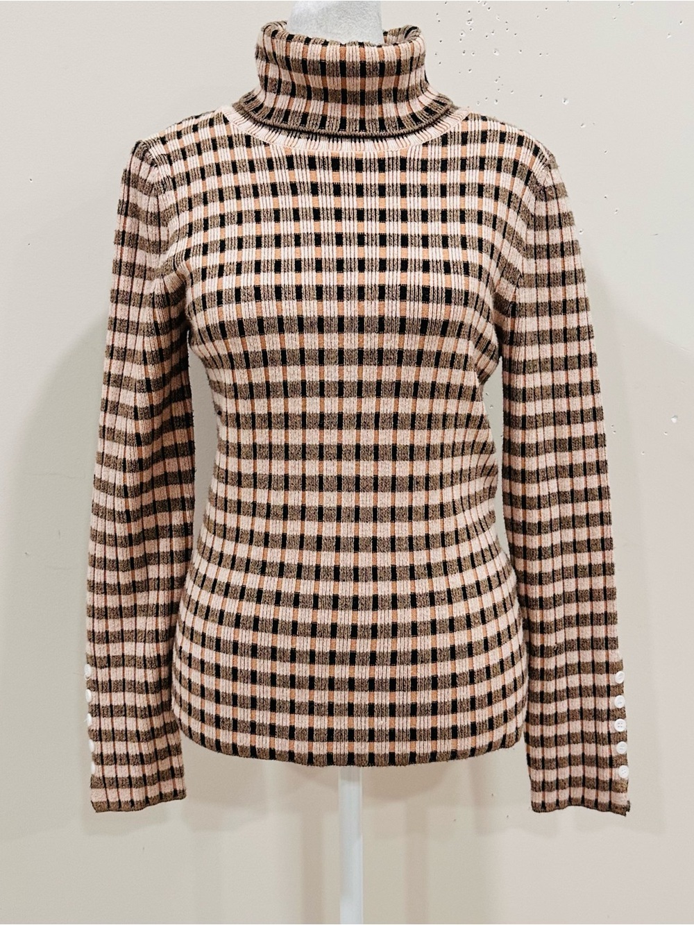 Maeve by Anthropologie Plaid Turtleneck Sweater Size Medium Ribbed Button Cuff